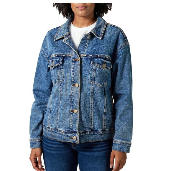 Denim & Co Blue Denim MOTO Boho Studded Vintage Jean Jacket 1 X - Picture 2 of 4